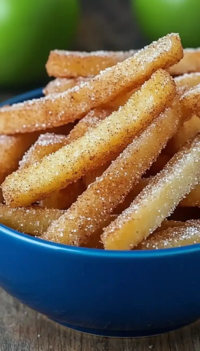 Crispy air fryer apple fries served with a sweet dipping sauce