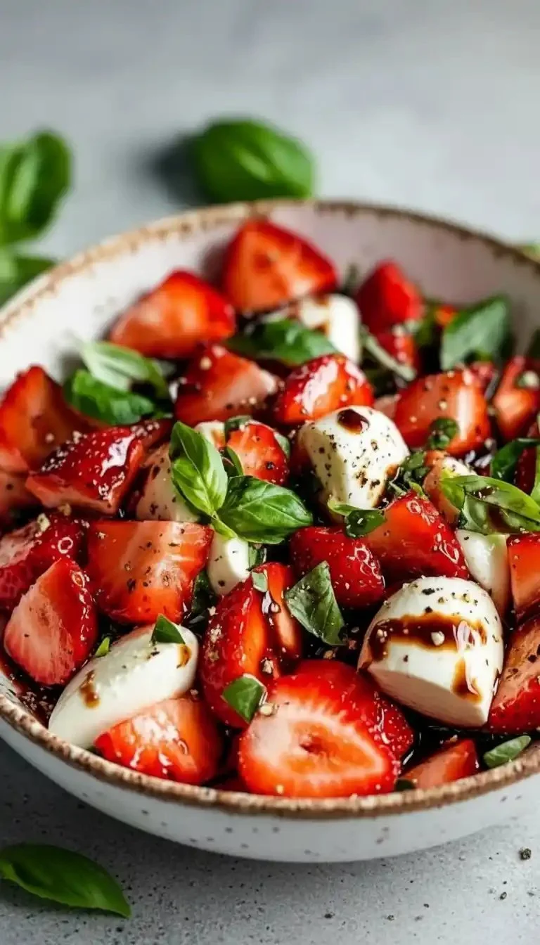 Balsamic Strawberry Caprese salad with strawberries, mozzarella, and basil.