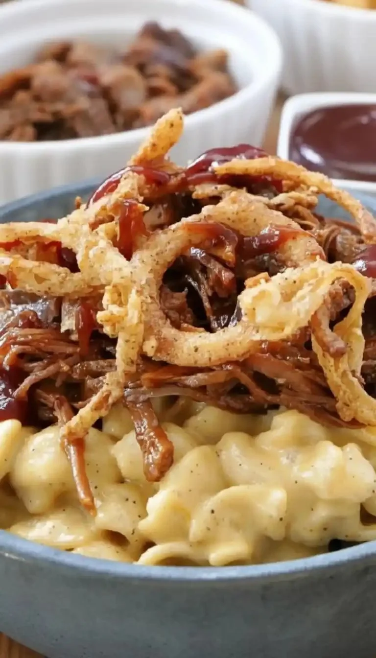 Delicious brisket mac and cheese topped with cheese and brisket slices