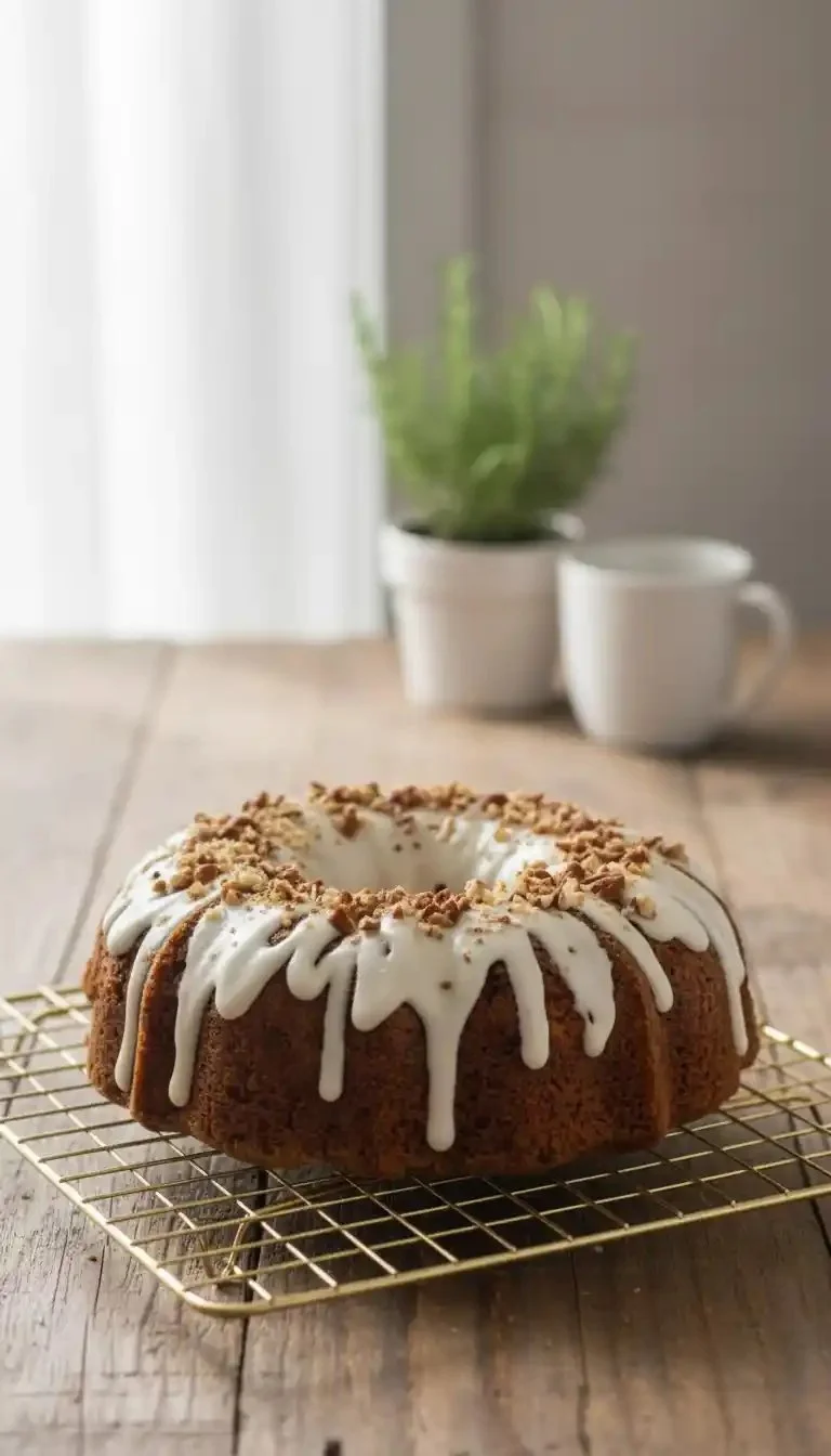 Delicious carrot bundt cake filled with creamy cheesecake, drizzled with icing.