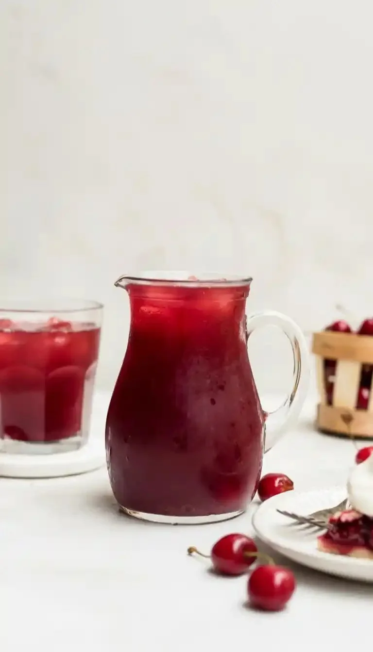 Cherry pie inspired iced tea served in a glass with fresh cherries and mint