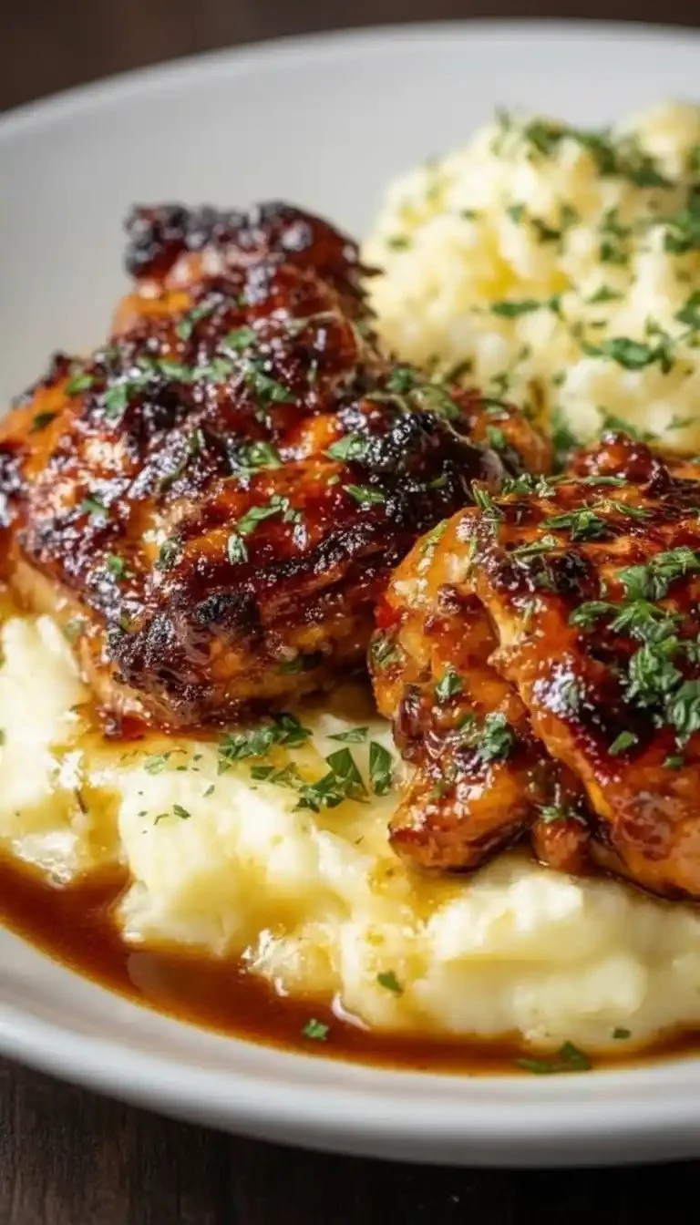 Chipotle Honey Chicken thighs with smoked Gouda mashed potatoes served on a plate.