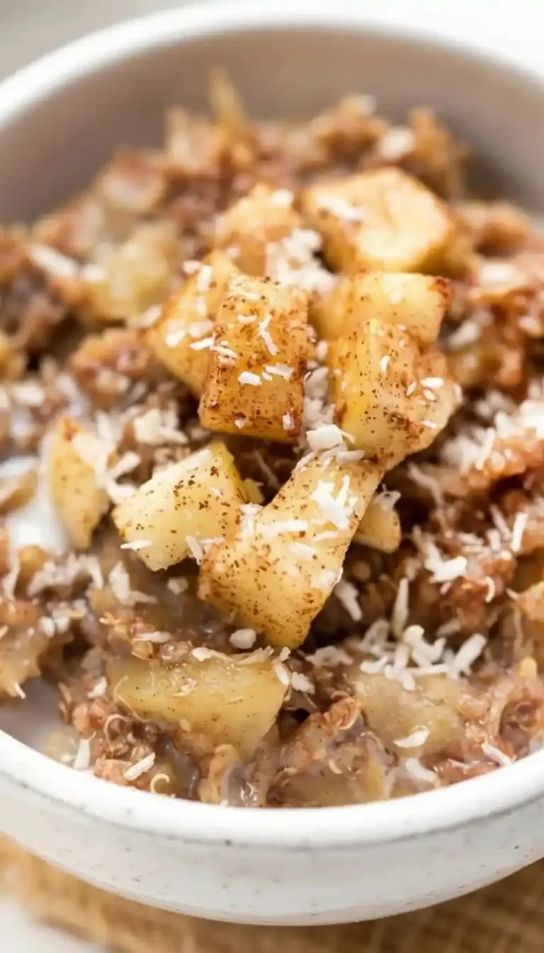 Cinnamon Apple Breakfast Quinoa in a bowl with fresh apple slices and cinnamon sprinkles.