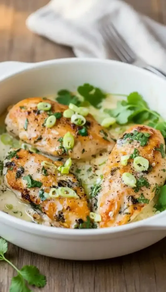 Delicious Coconut Lime Chicken served with fresh herbs and lime slices