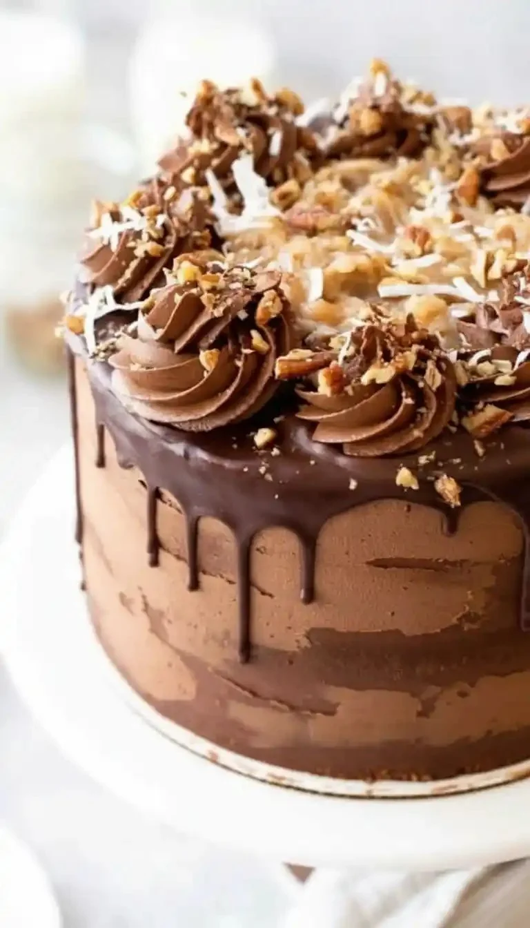 Coconut Pecan Cake topped with chocolate frosting, showcasing its delicious layers.