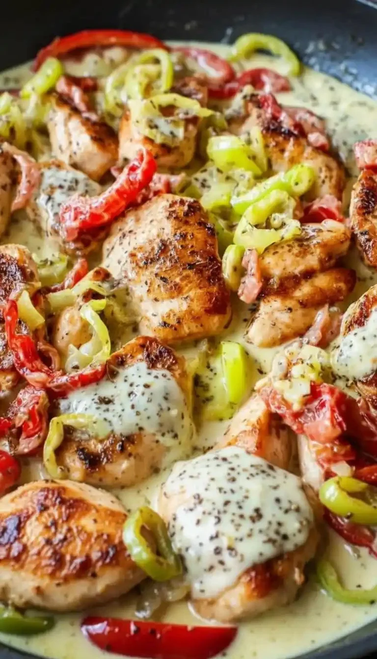 Creamy banana pepper chicken skillet with colorful peppers and herbs
