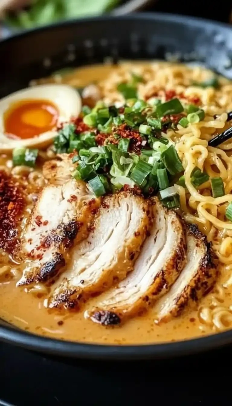 Bowl of creamy garlic chicken ramen topped with green onions and herbs.