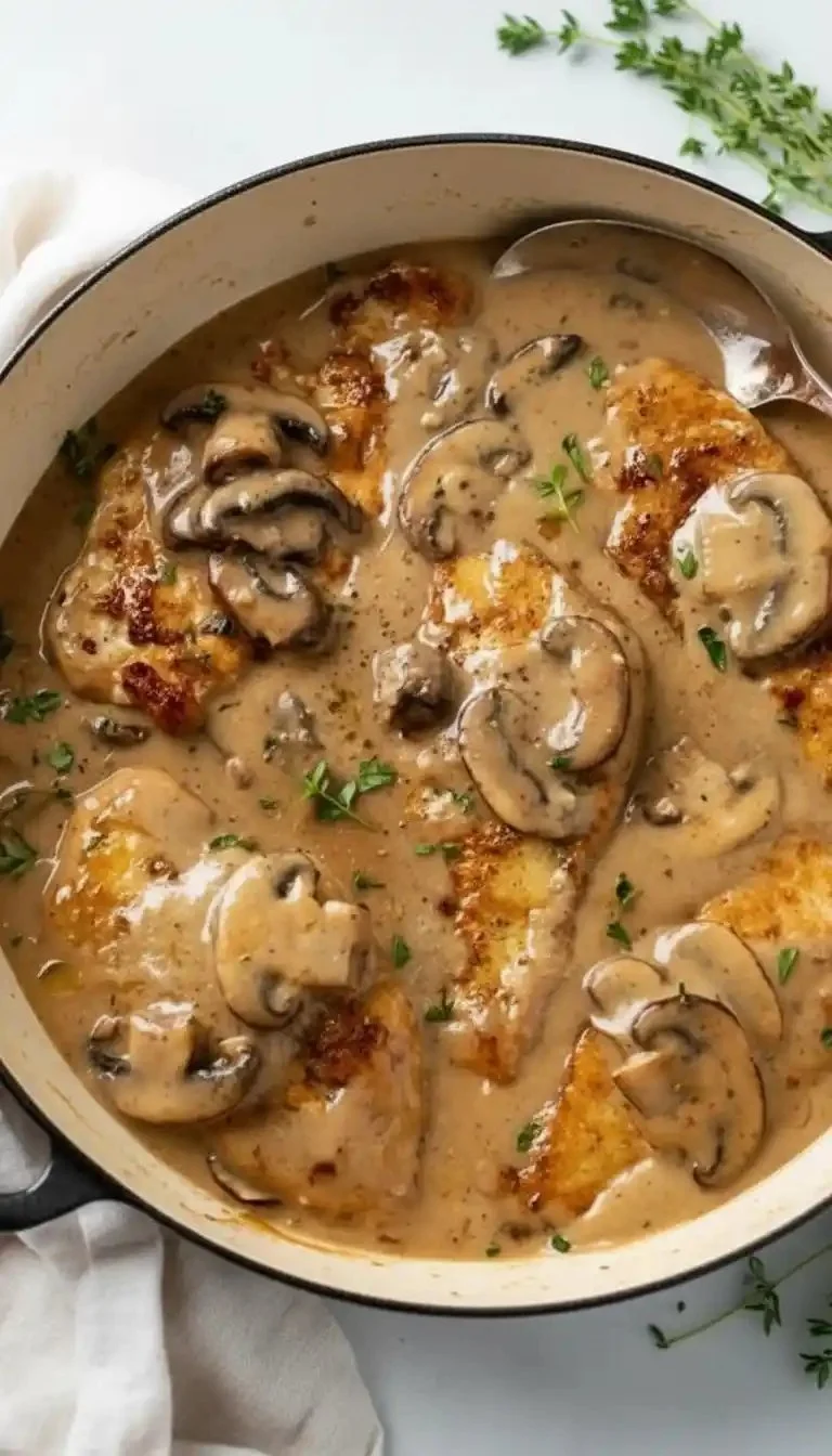Creamy mushroom chicken dish with tender chicken slices and rich mushroom sauce.