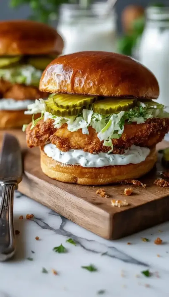 Crispy Dill Chicken Sandwich with fresh ingredients on a rustic table