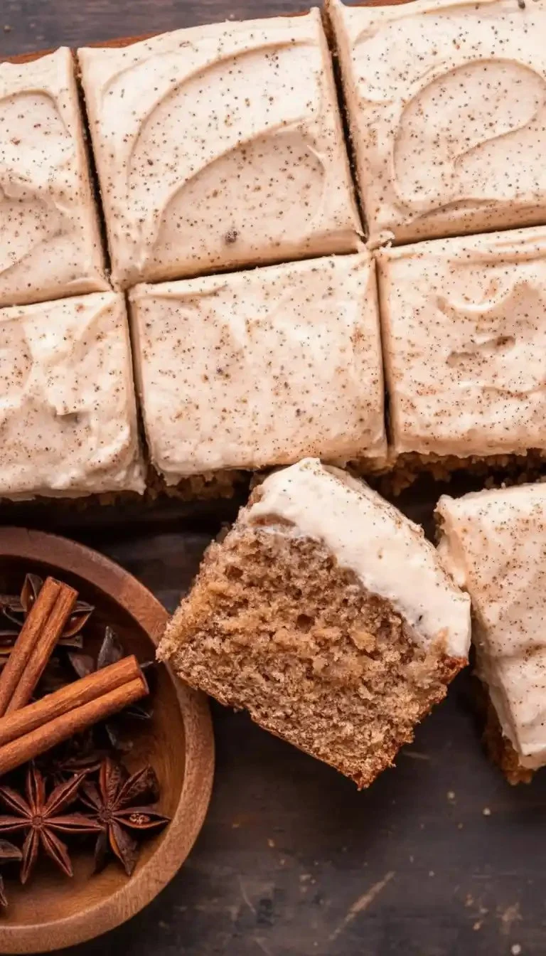 Delicious chai cake with spices and icing on a white plate