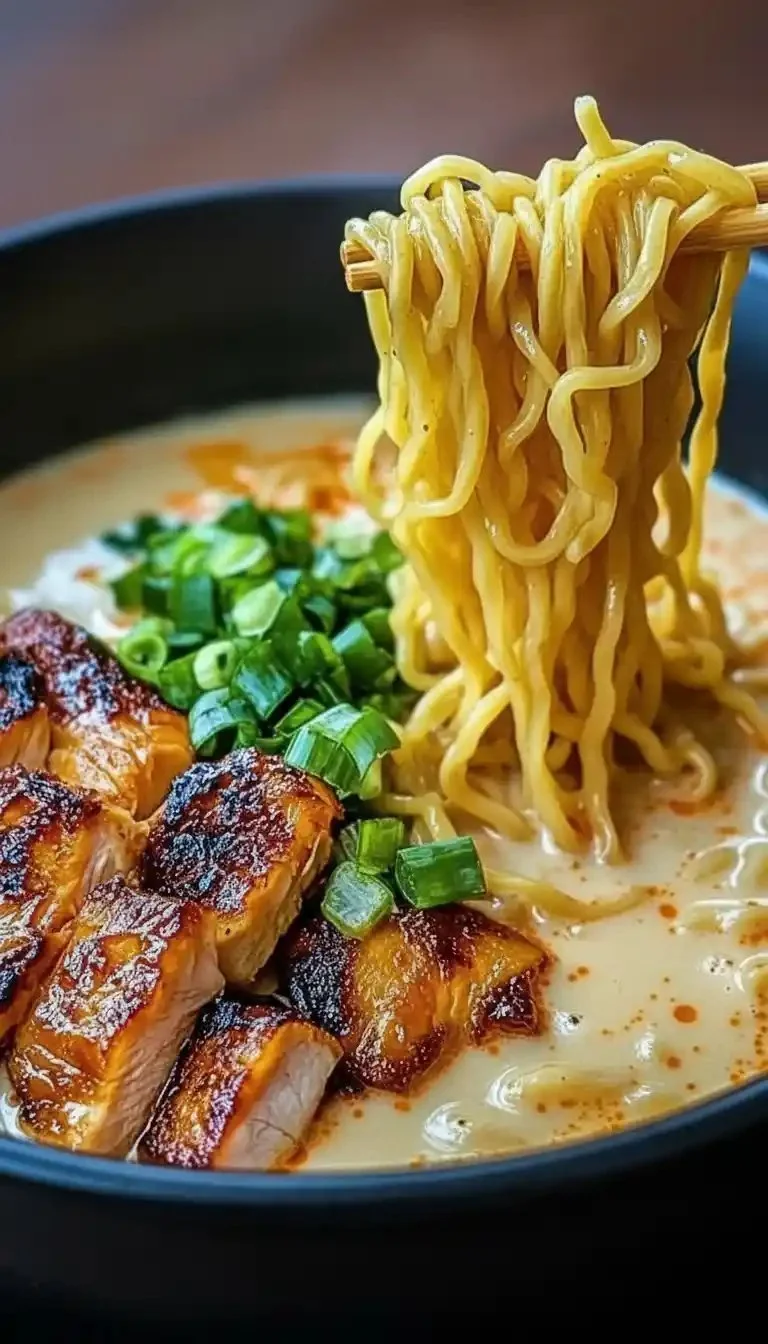 Bowl of Fiery Chicken Ramen with Creamy Garlic Sauce garnished with green onions