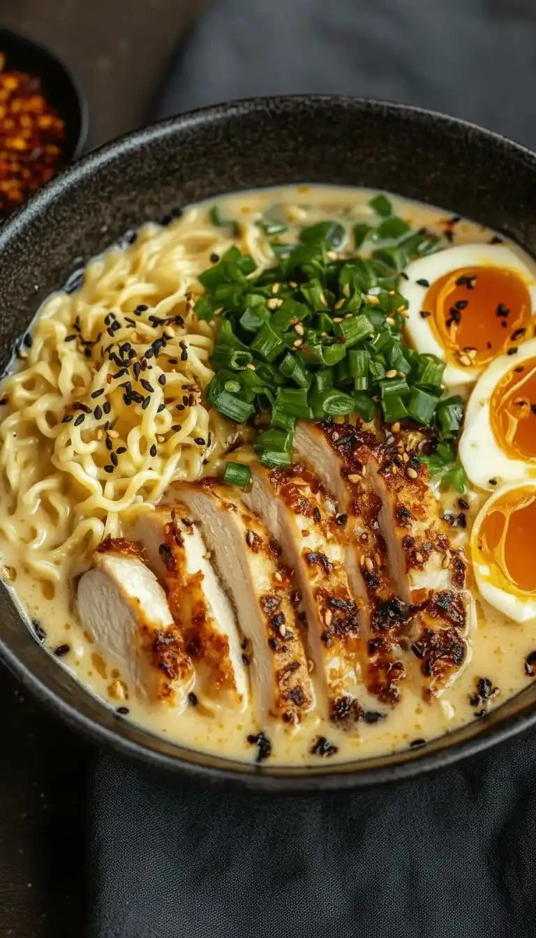 Fiery Chicken Ramen with Creamy Garlic Sauce