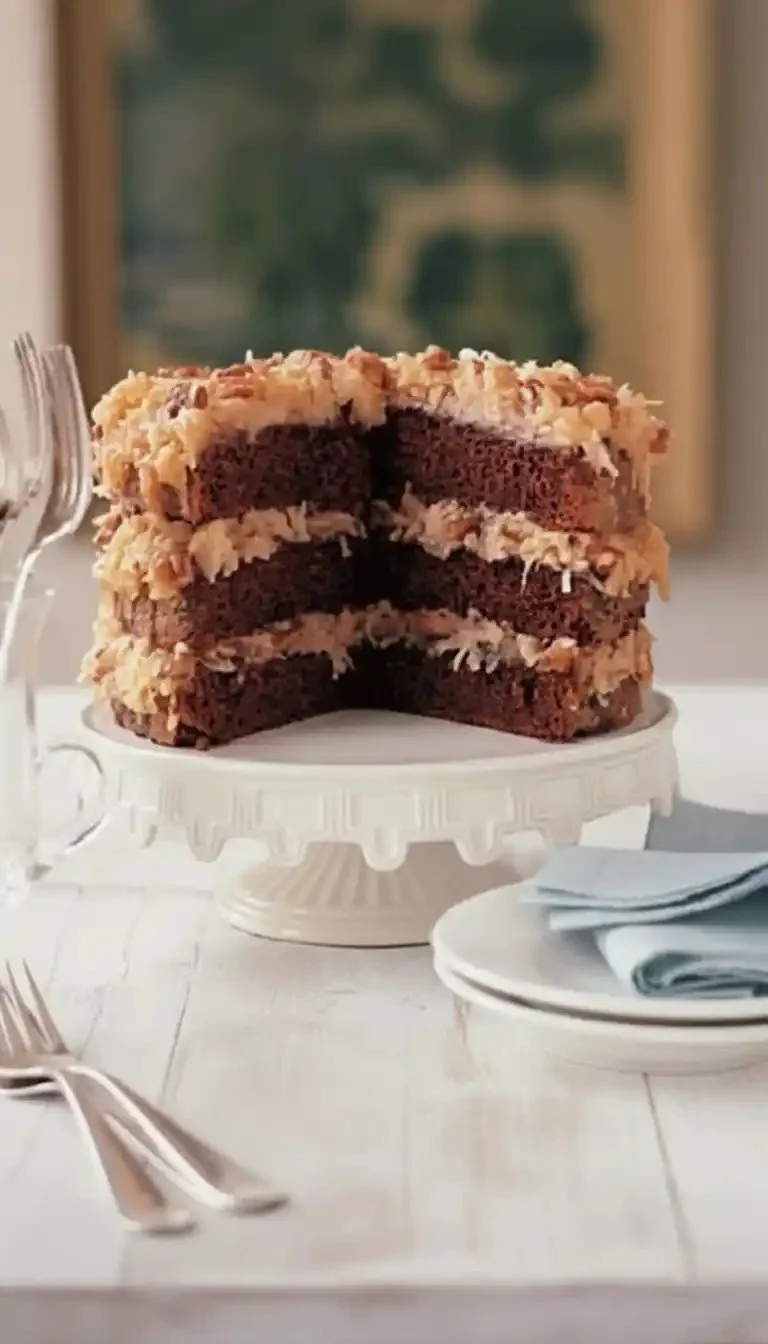 Delicious homemade German Chocolate Cake with coconut pecan frosting