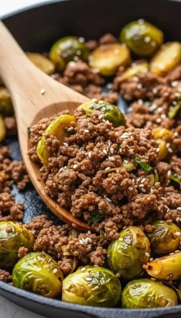 A plate of ground beef and Brussels sprouts, garnished and ready to serve.