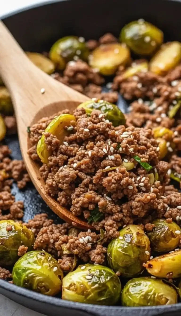 A plate of ground beef and Brussels sprouts, garnished and ready to serve.
