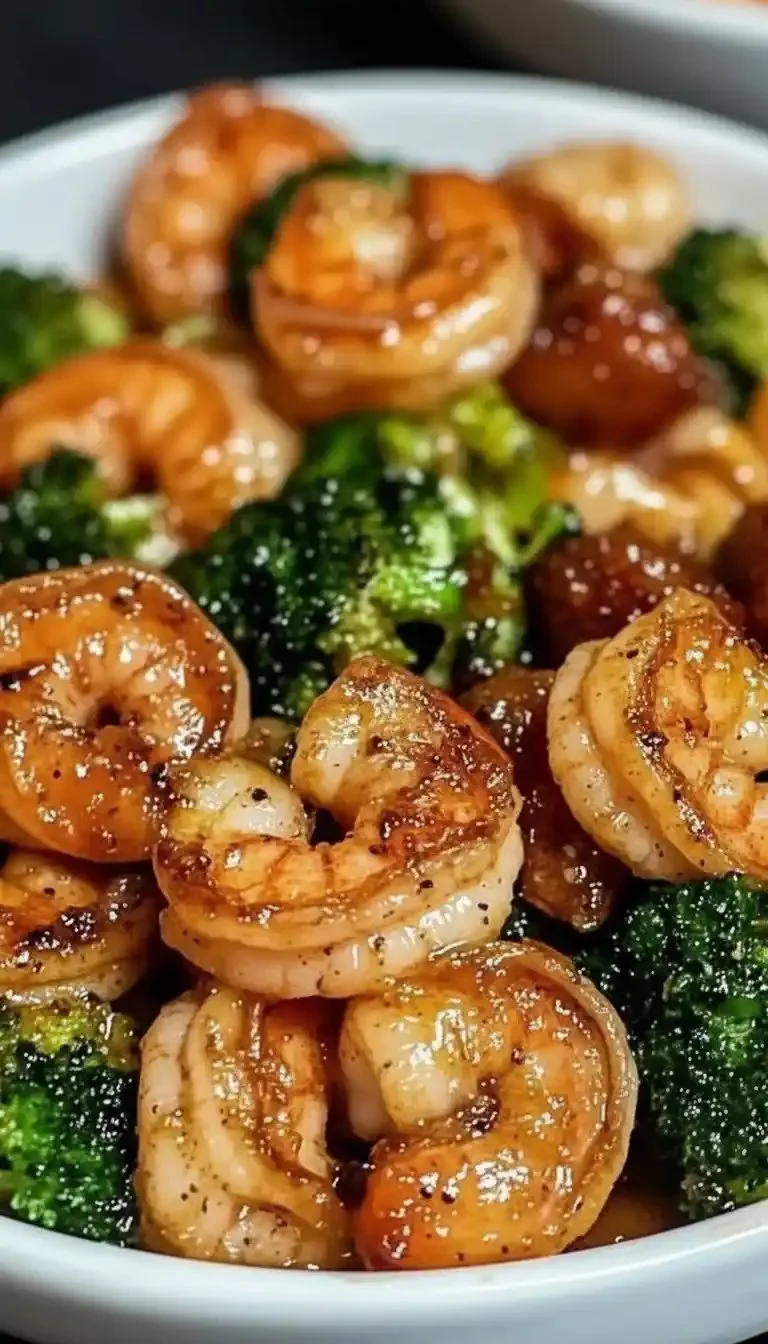 Plate of high-protein honey garlic shrimp garnished with herbs