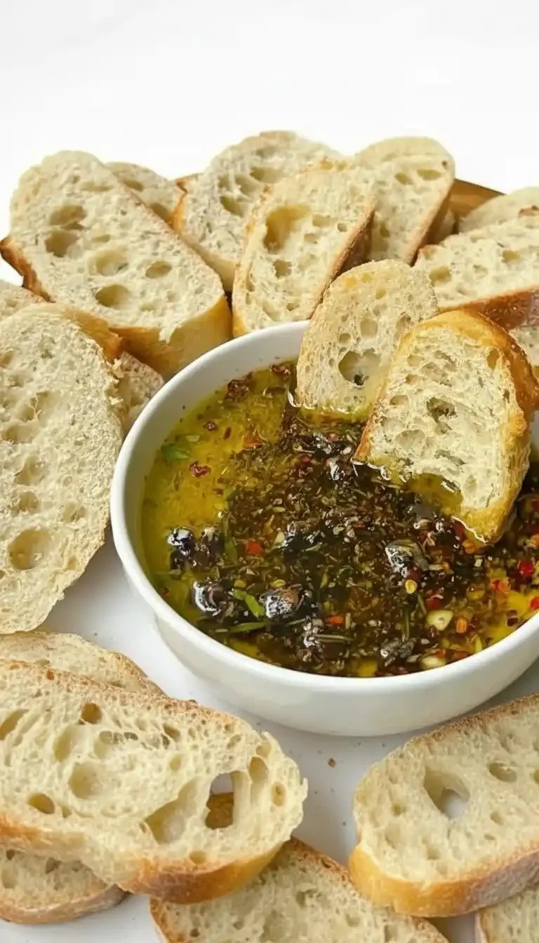 Bowl of homemade bread dipping oil with herbs and spices.