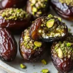 Honey pistachio ricotta stuffed dates topped with nuts on a plate.