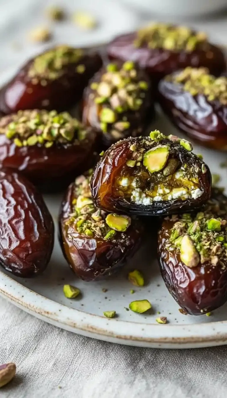 Honey pistachio ricotta stuffed dates topped with nuts on a plate.