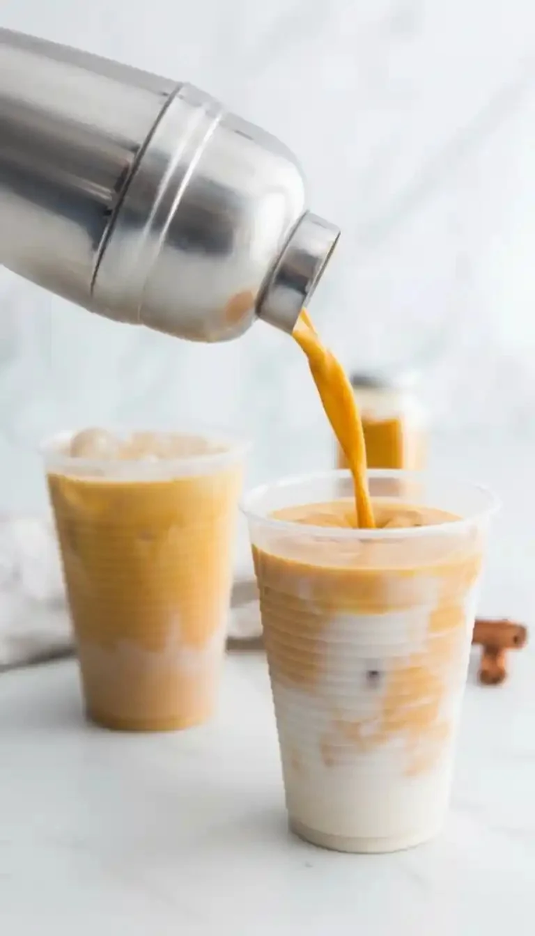 Iced golden milk turmeric latte served in a glass with spices and flowers