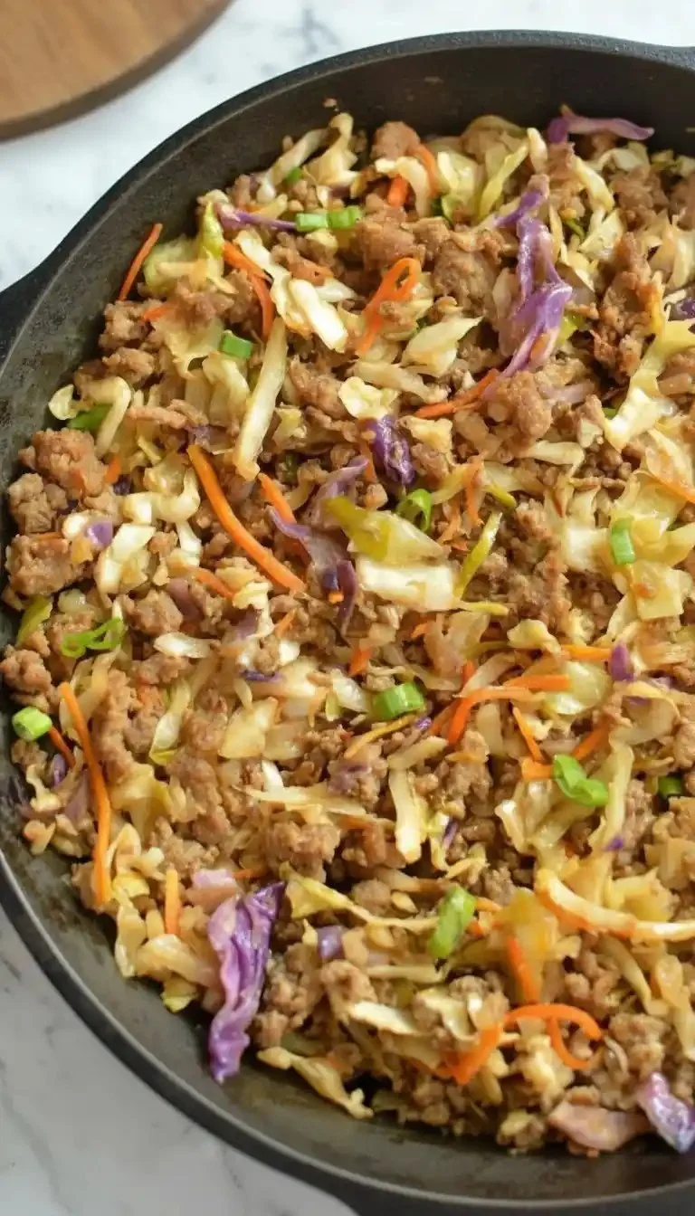 Low Carb Egg Roll In A Bowl featuring fresh vegetables and savory protein