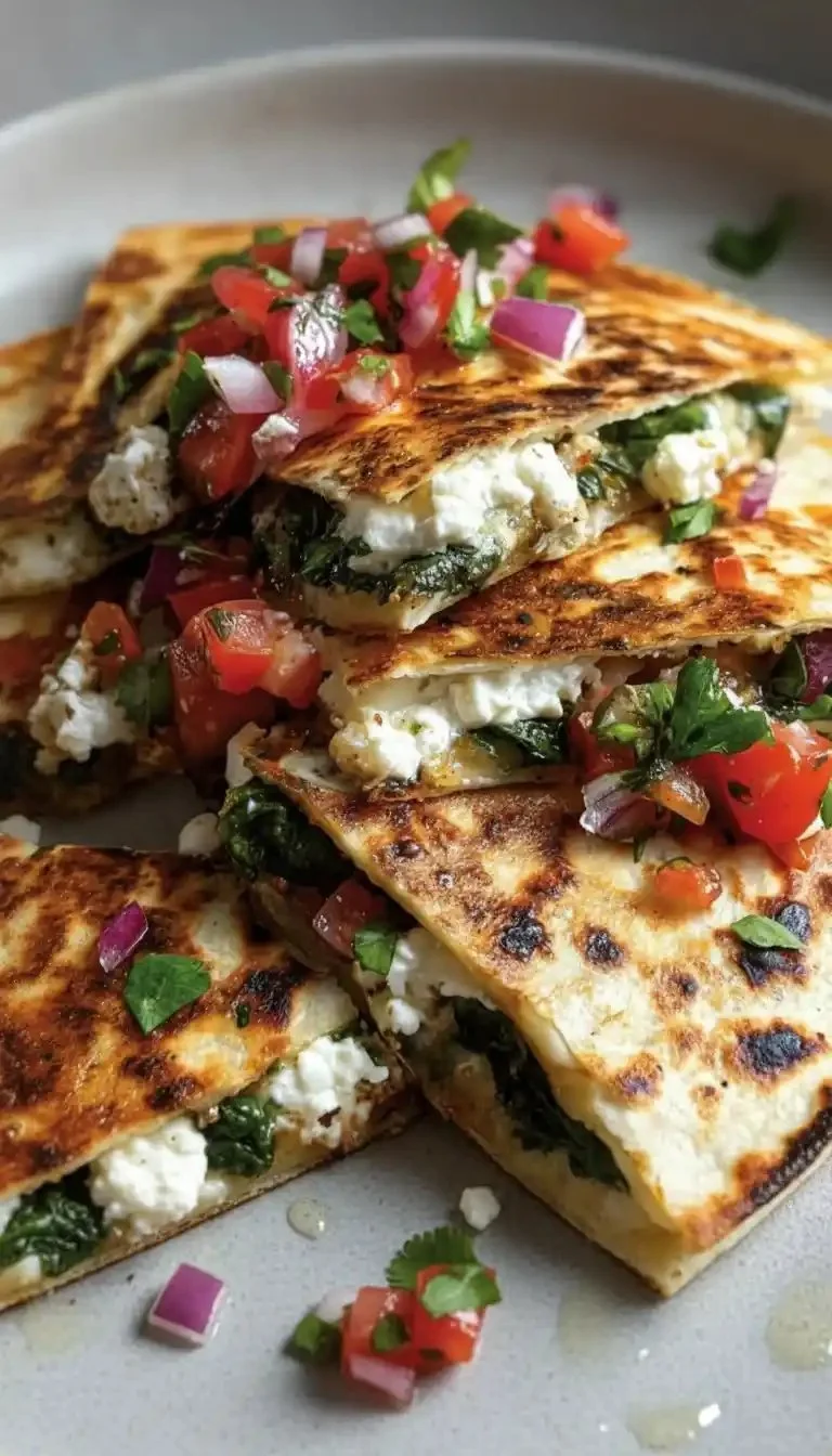 Mediterranean Quesadillas filled with fresh veggies and cheese on a plate.