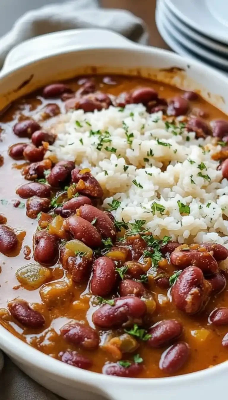 Delicious bowl of red beans and rice served with spices and herbs