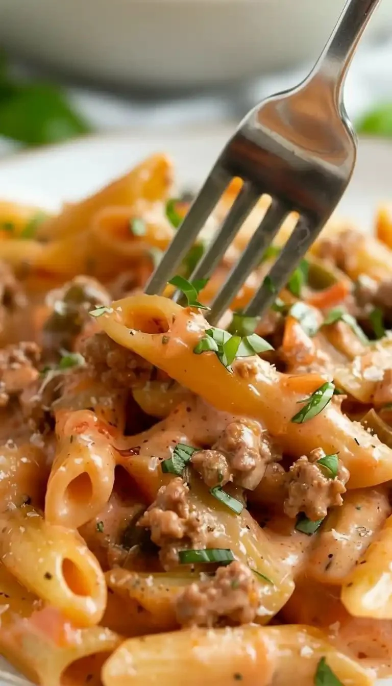 A delicious plate of Rotel Pasta garnished with fresh herbs and cheese.