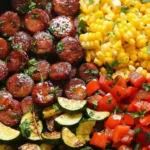 Sausage and Veggies Skillet with bell peppers, zucchini, and corn in a frying pan.