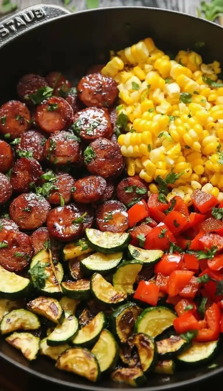 Sausage and Veggies Skillet with bell peppers, zucchini, and corn in a frying pan.