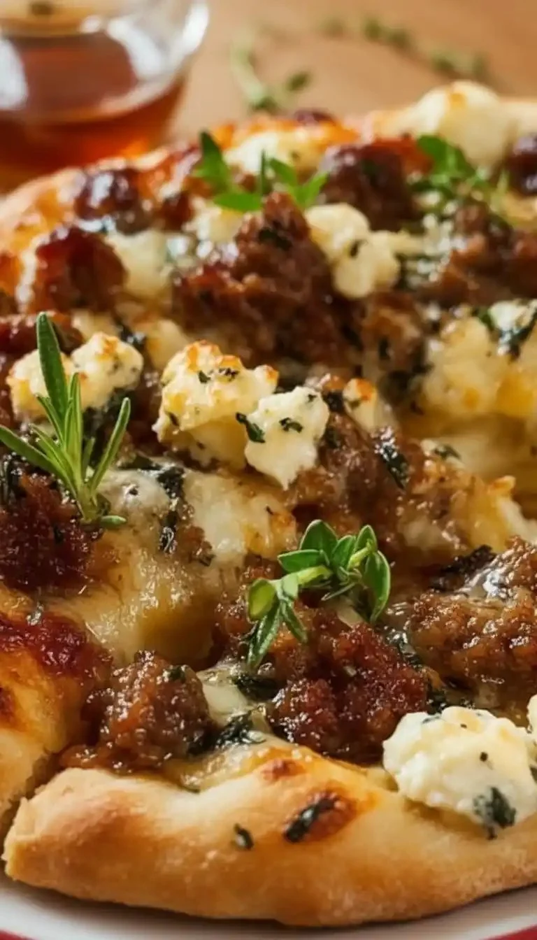 Delicious sausage ricotta honey hot pizza topped with fresh ingredients