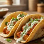 Sheet pan chicken pitas served with herby ranch dressing on a wooden board.