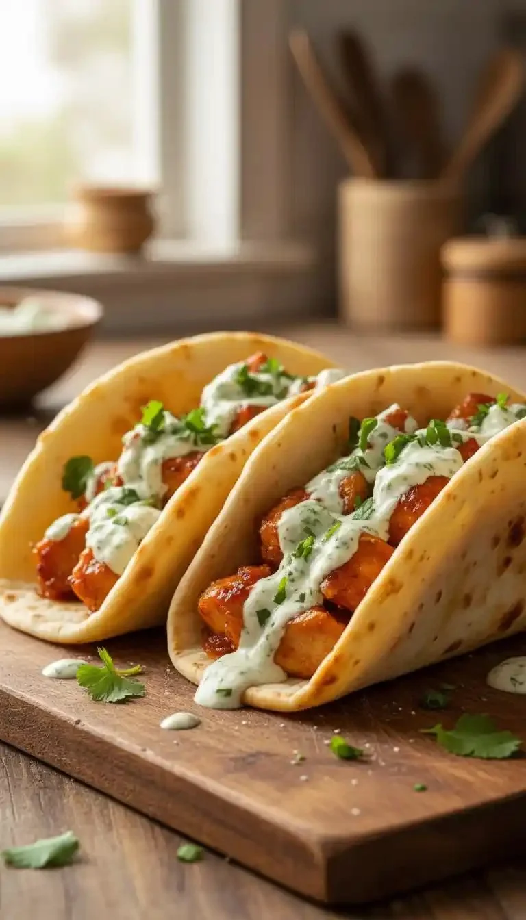 Sheet pan chicken pitas served with herby ranch dressing on a wooden board.