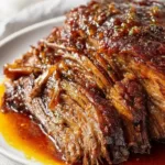 Delicious slow cooked beef brisket garnished with herbs
