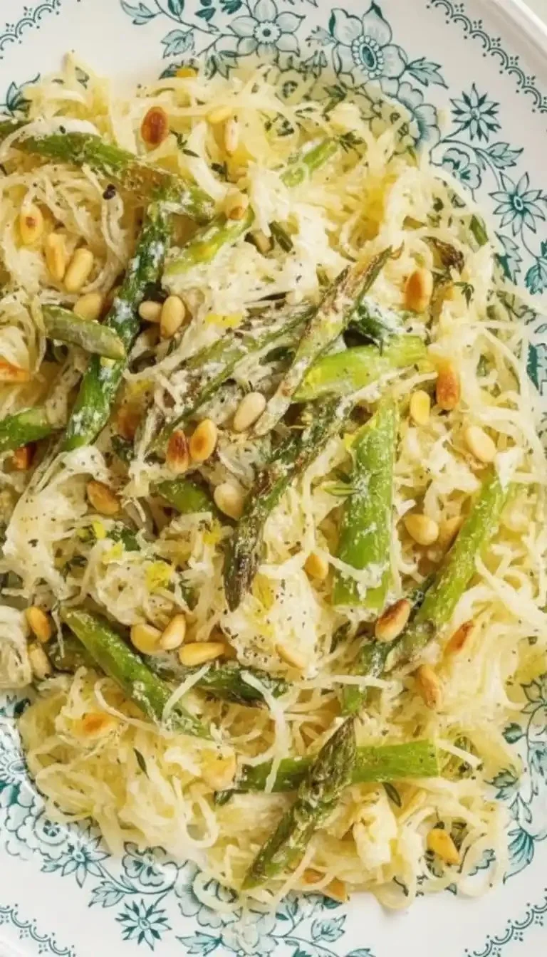 Delicious Spaghetti Squash Primavera topped with fresh vegetables
