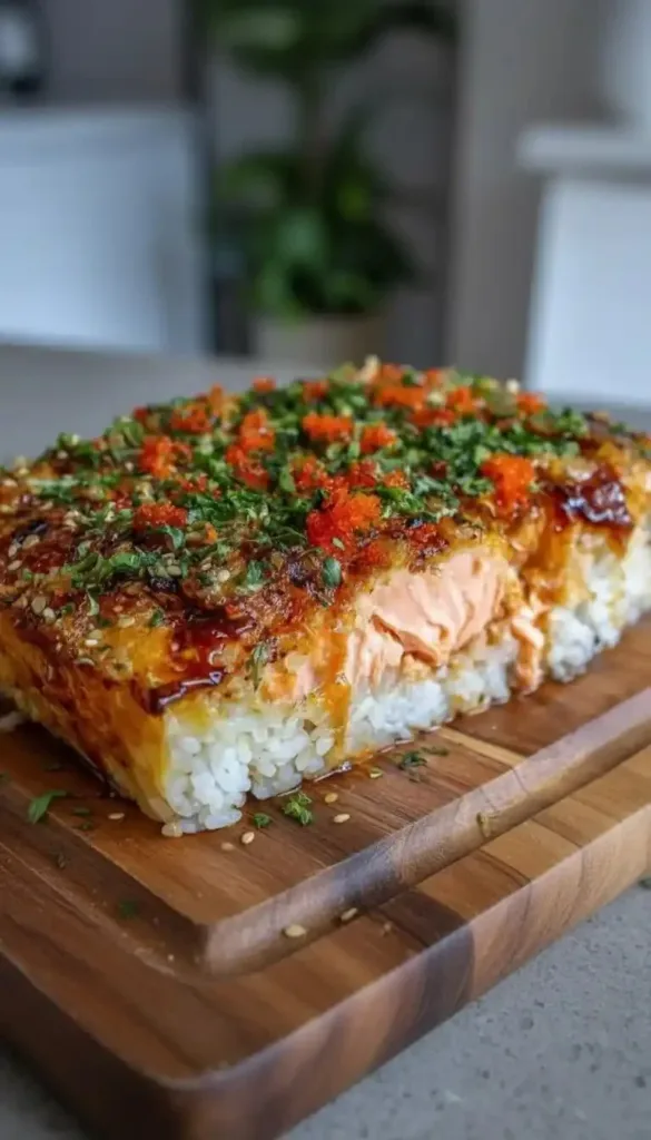 Delicious Spicy Salmon Sushi Bake recipe with fresh ingredients