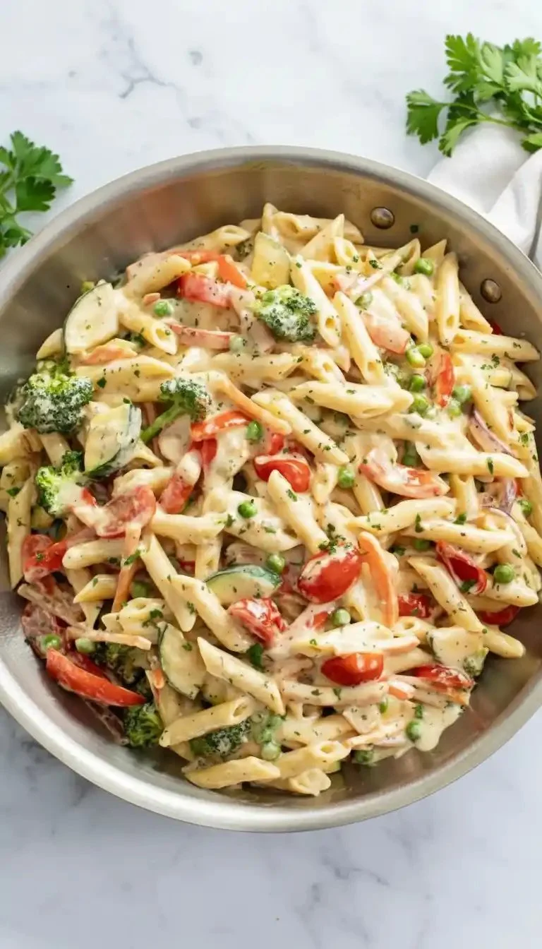 Colorful spring vegetable pasta dish with fresh ingredients and herbs.