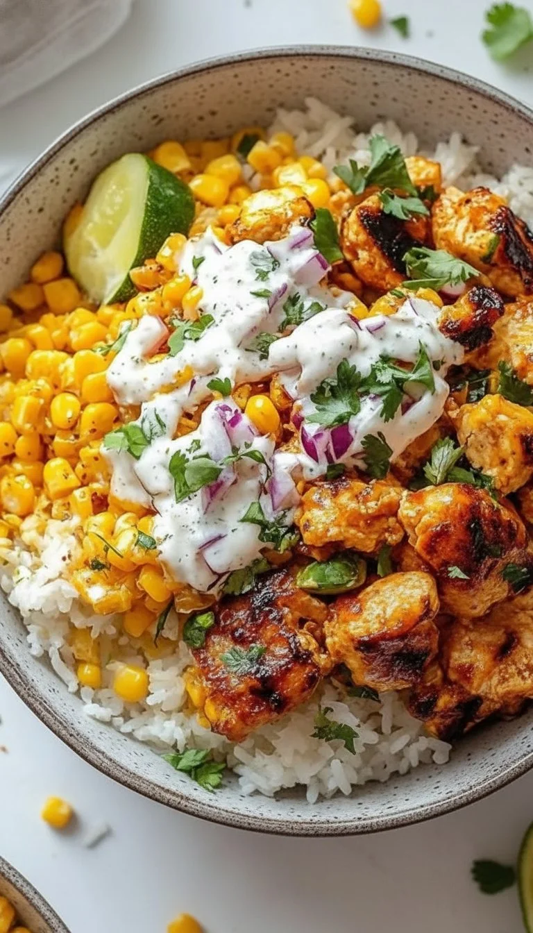 Delicious Street Corn Chicken Rice Bowl with grilled chicken and corn toppings