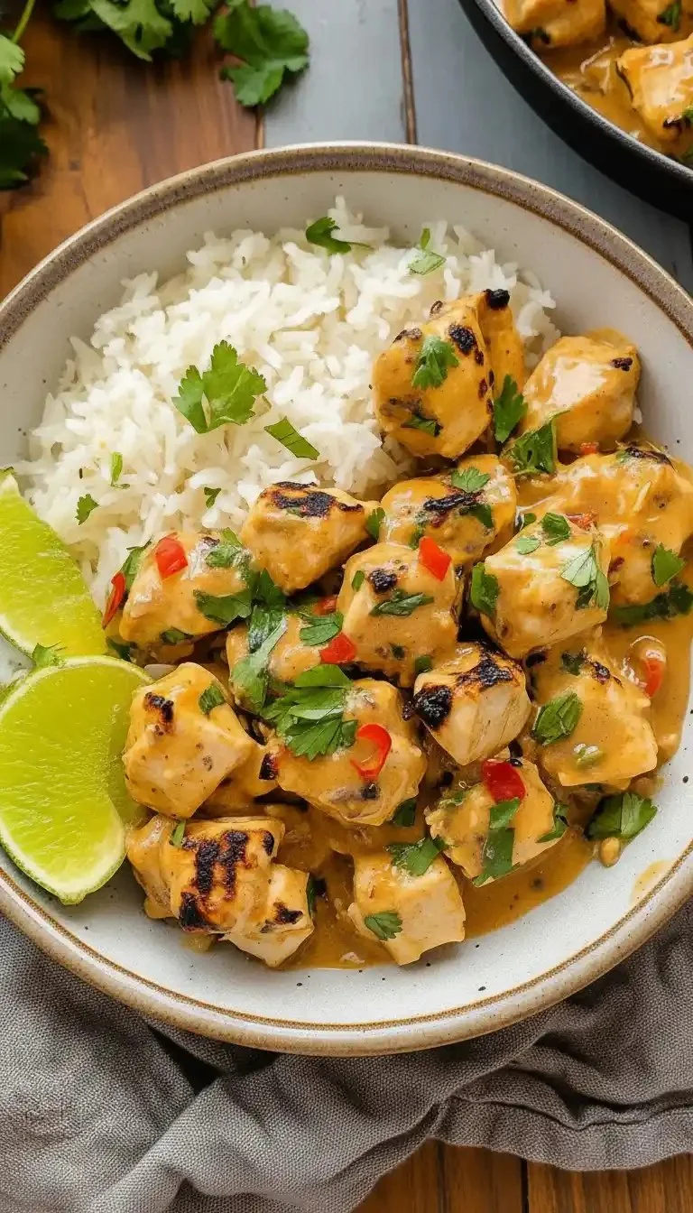 A plate of Thai Peanut Chicken garnished with green onions and served with rice