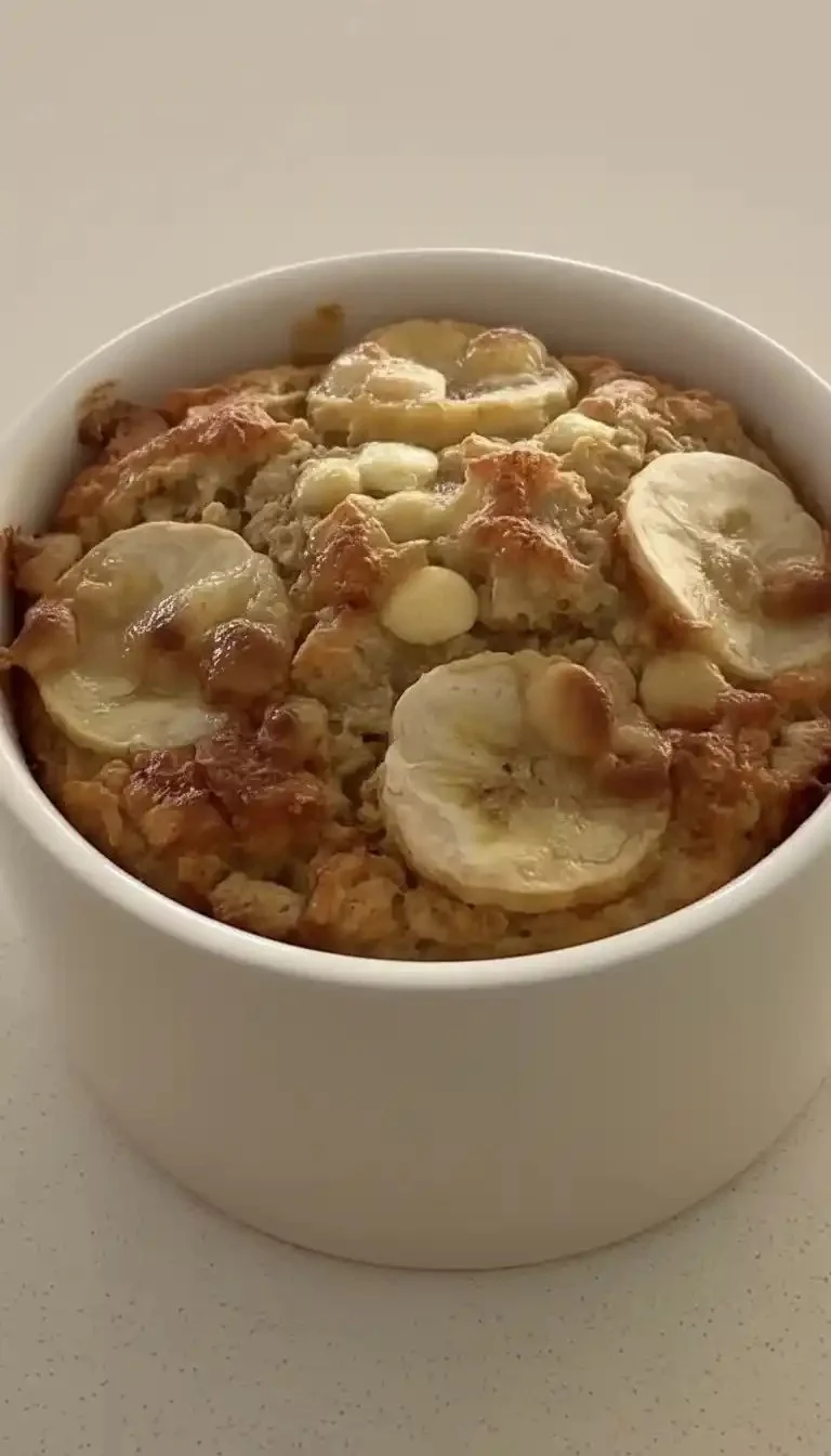Delicious and nutritious banana bread baked oats served in a bowl