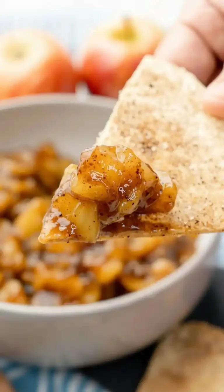 Delicious Apple Pie Dip served with crispy apple slices and caramel sauce.