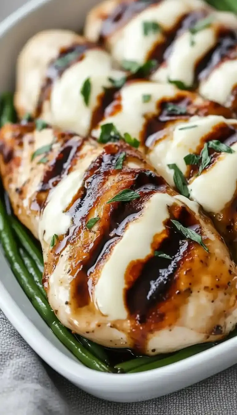 Balsamic Baked Chicken Breast topped with Mozzarella Cheese on a plate