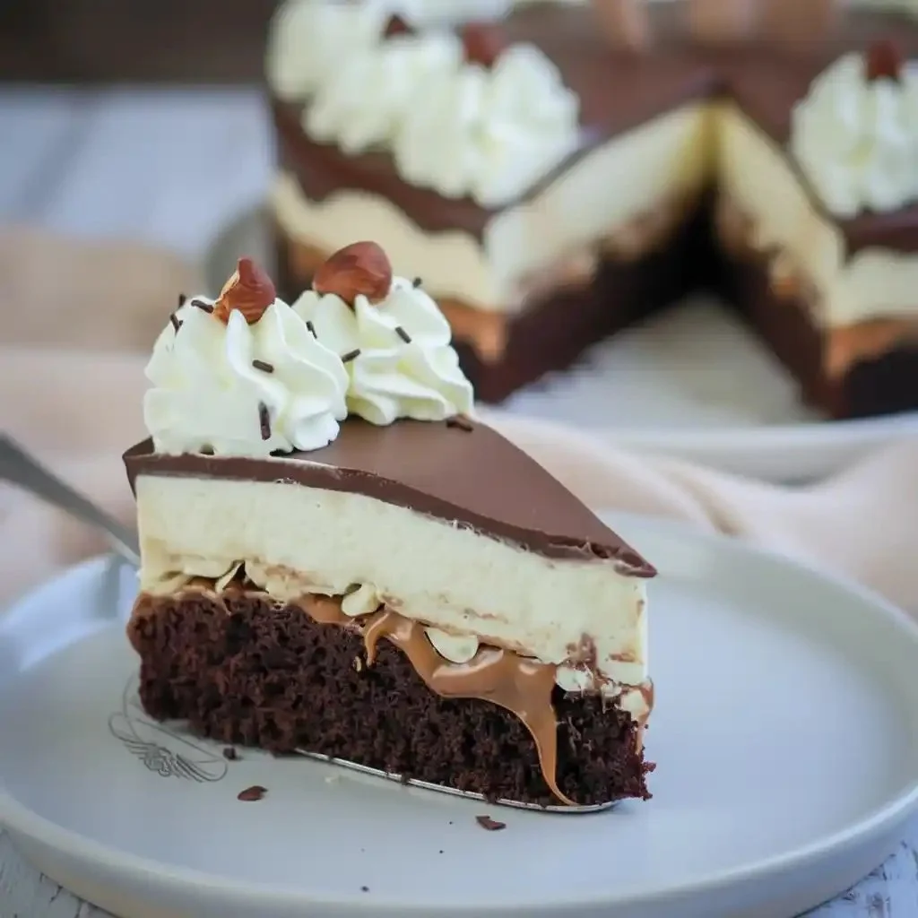 Chocolate vanilla cake from Brownille, showcasing rich flavor and creamy layers.