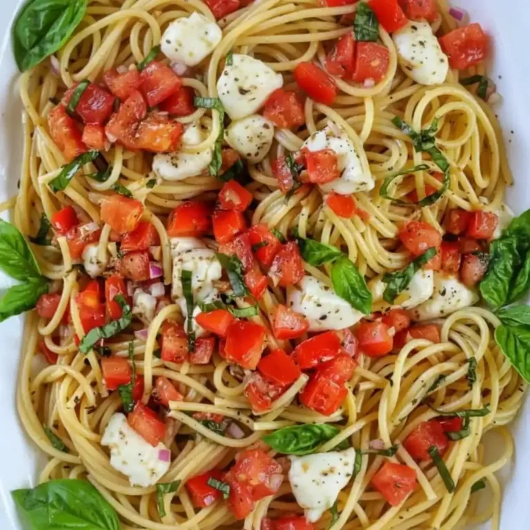 Delicious plate of Bruschetta Pasta topped with fresh tomatoes and basil