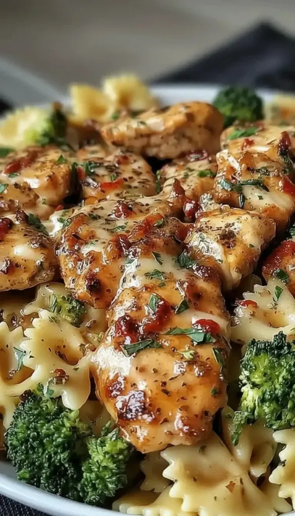 Delicious Cowboy Butter Lemon Bowtie Chicken served with fresh broccoli