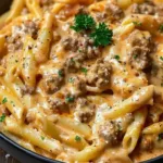 Creamy beef pasta dish topped with herbs, served in a bowl