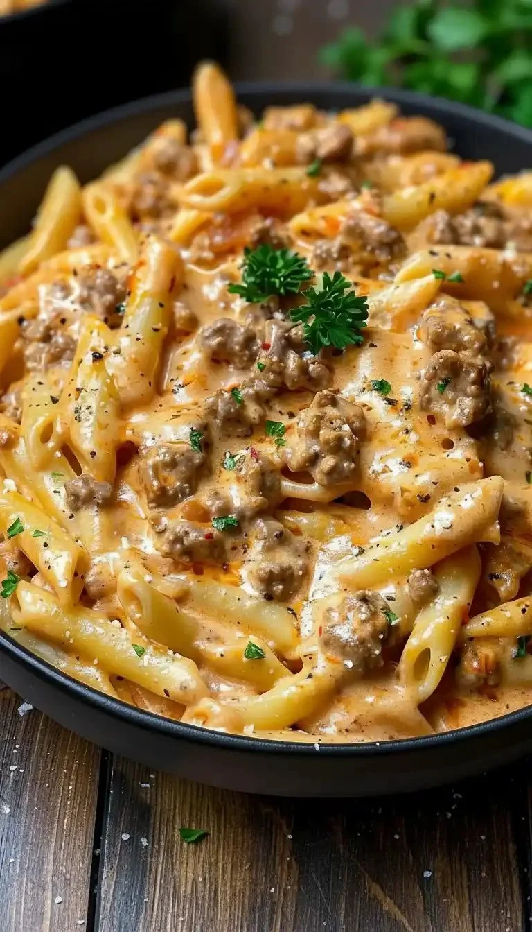Creamy beef pasta dish topped with herbs, served in a bowl