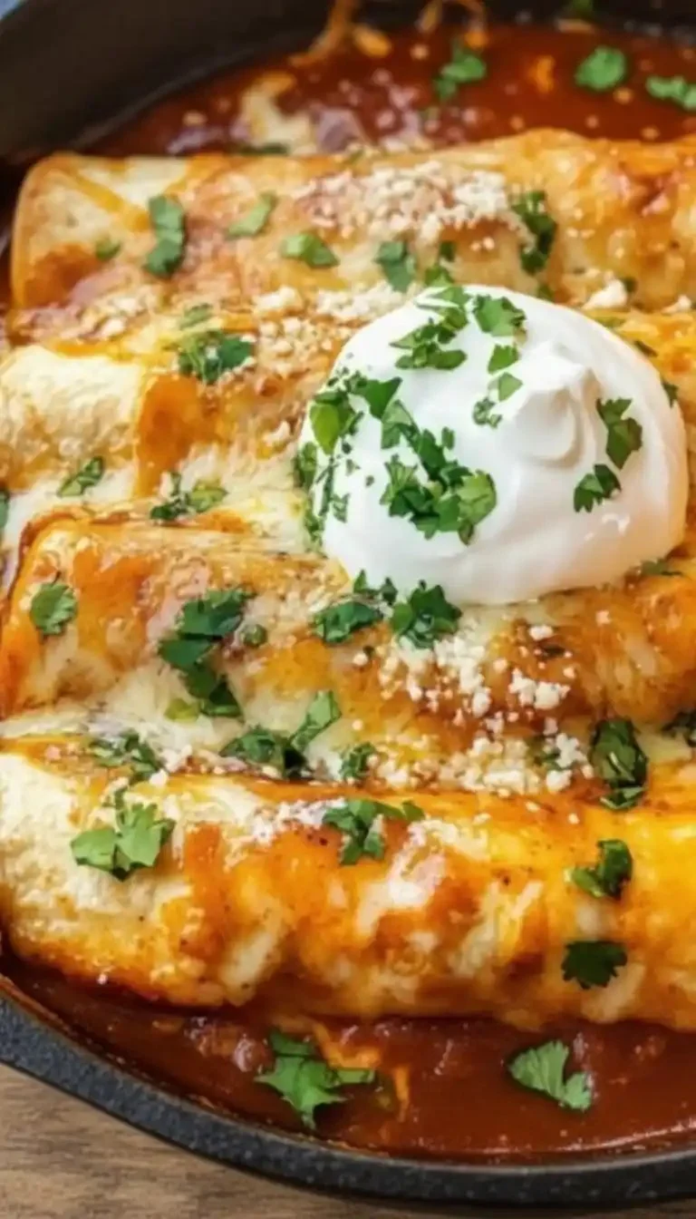 Plate of delicious chicken enchiladas topped with cheese and fresh cilantro