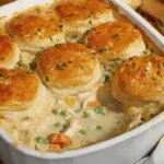 Homemade chicken pot pie casserole with a flaky crust and creamy filling
