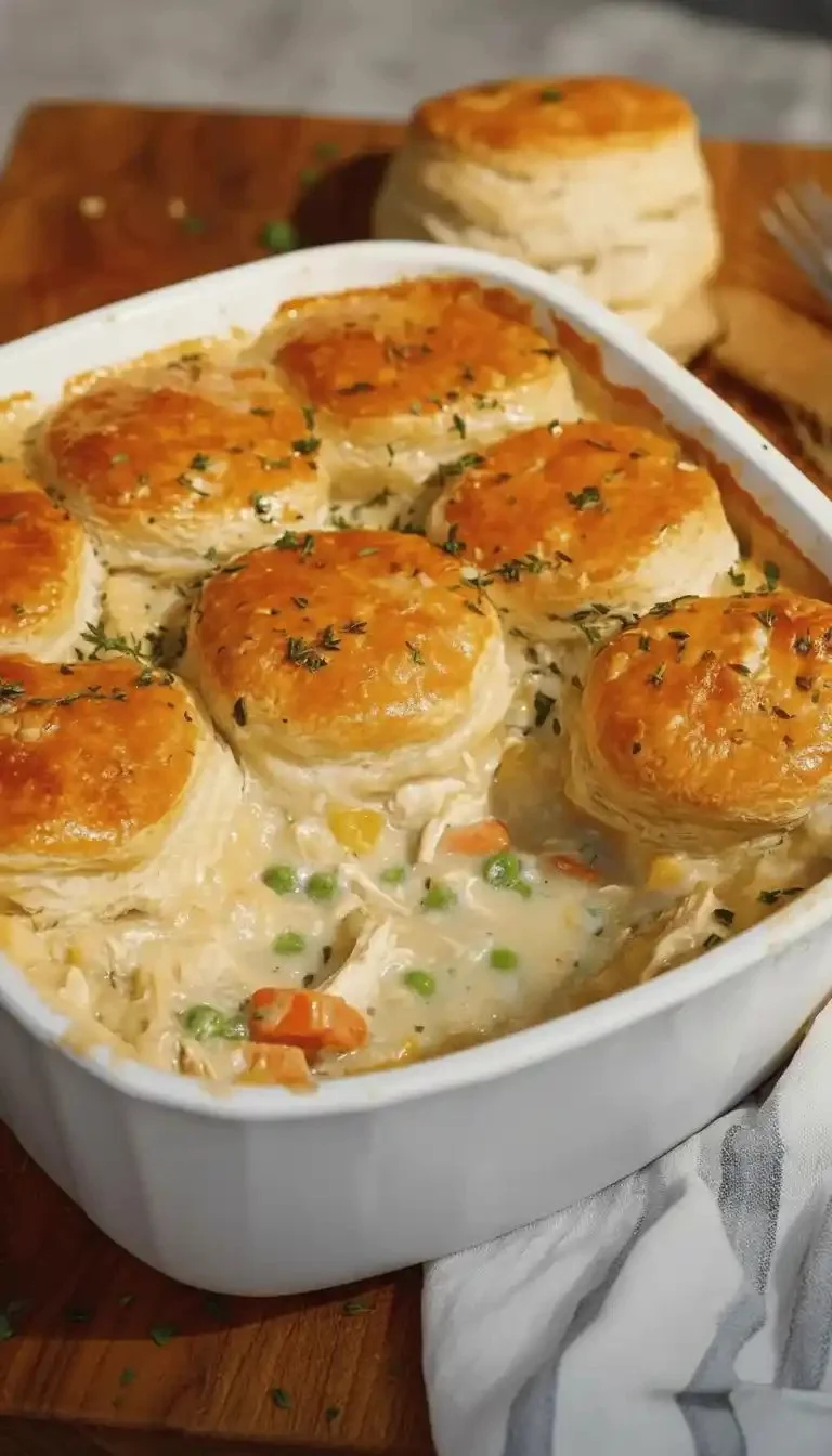 Homemade chicken pot pie casserole with a flaky crust and creamy filling